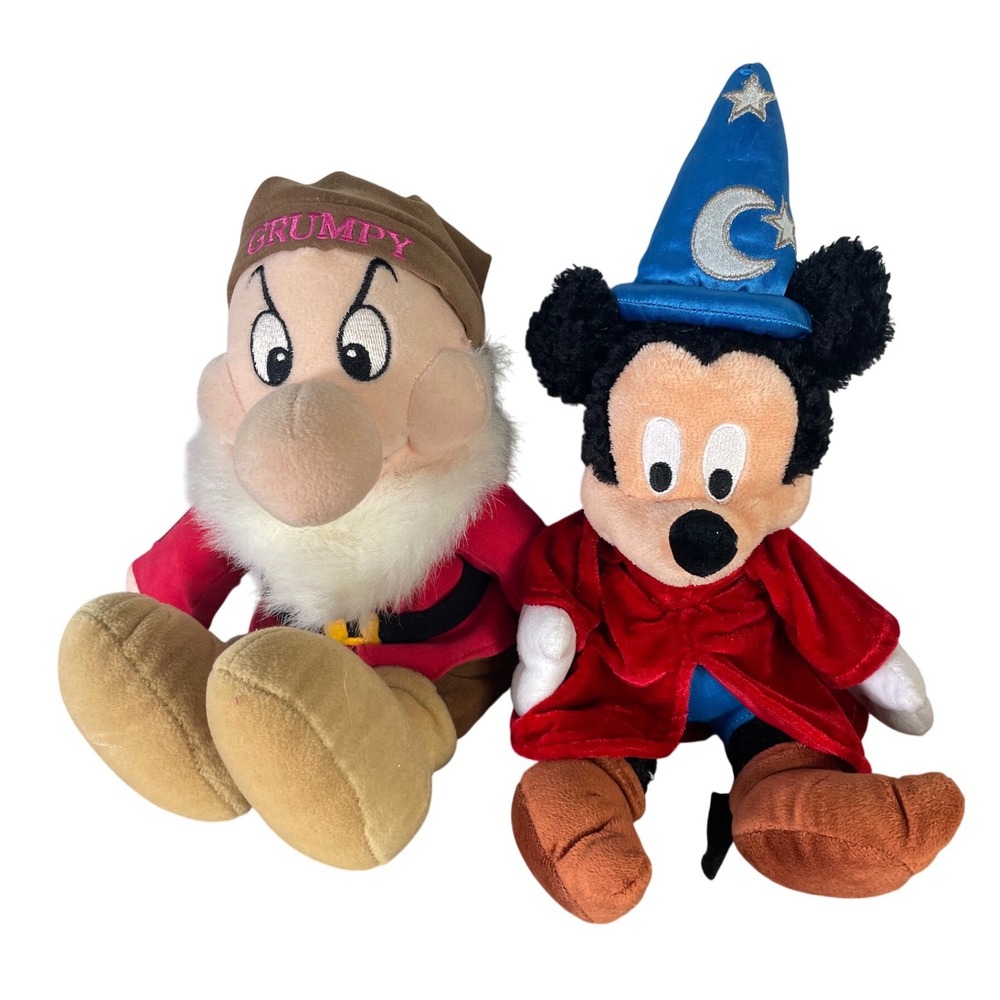 Disney Parks Sorcerer Mickey Plush 14" & Grumpy Dwarf 13" Plush Set Toy
